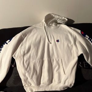 Champion white hoodie with blue and red letters size medium